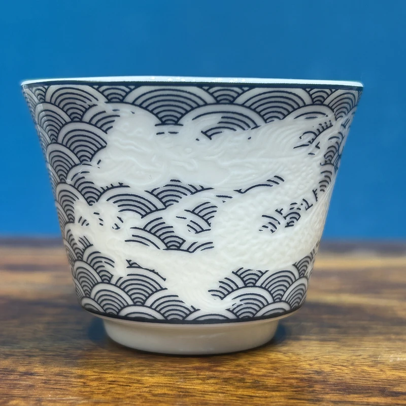 景德镇陶瓷青花瓷明刻霸王龙客杯中式茶具高端龙纹茶器