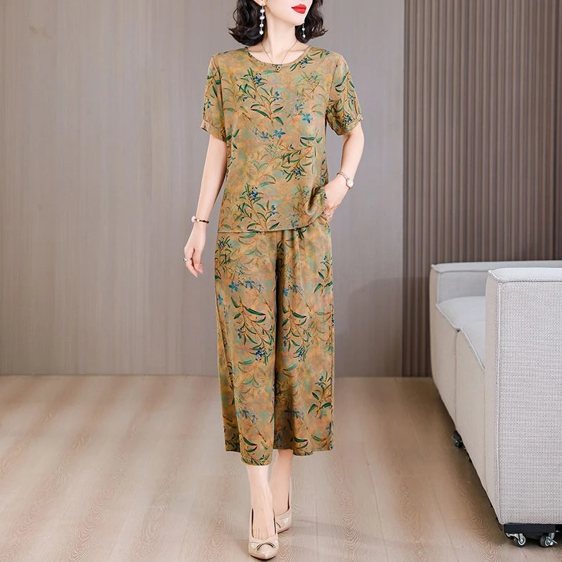 棉绸套装新款2025夏季时尚外穿洋气人造棉七分裤短袖两件套阔腿裤