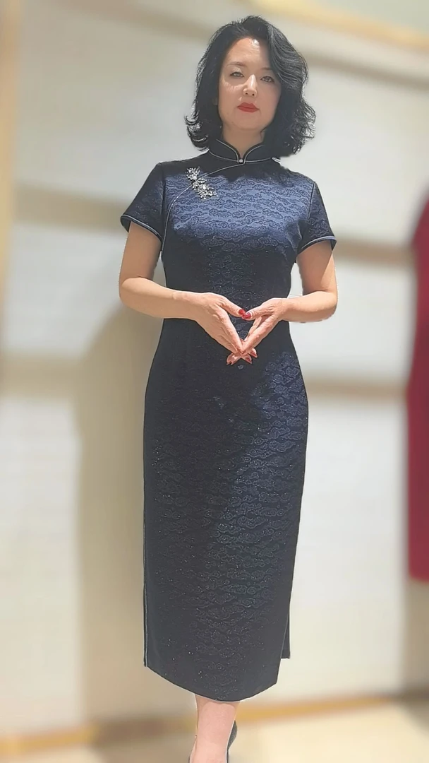 朱紫褕170269藏蓝色喜婆婆喜妈妈婚宴旗袍