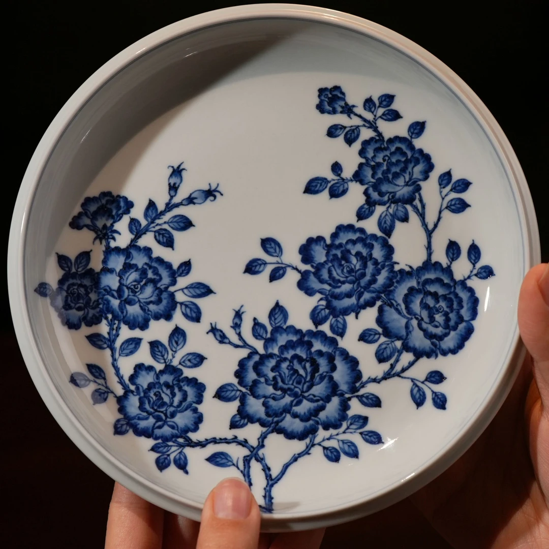松风馆月季花卉壶承仿明青花苏麻离青手绘泡茶盘子茶具高端赏盘