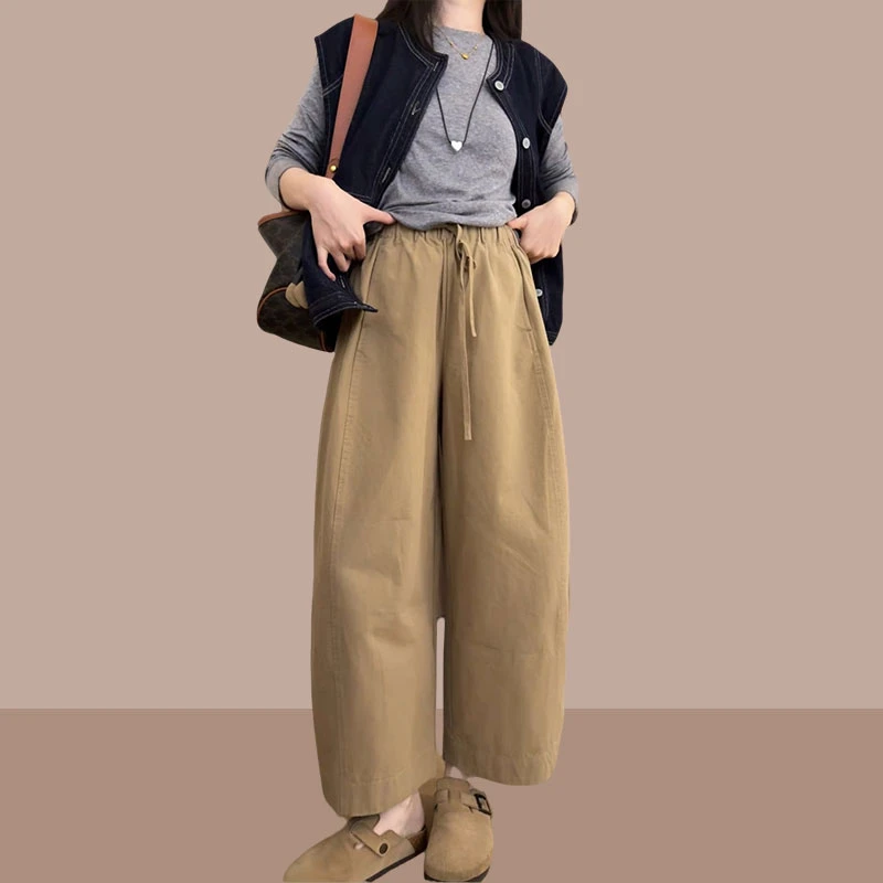 秋季时尚款复古洋气高密卡其色气球裤极简百搭立体裁剪九分阔腿裤