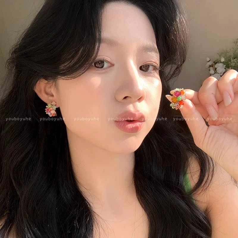 非金属玻璃耳饰 彩色串珠耳环女轻奢高级感时尚耳钉独特气质耳饰