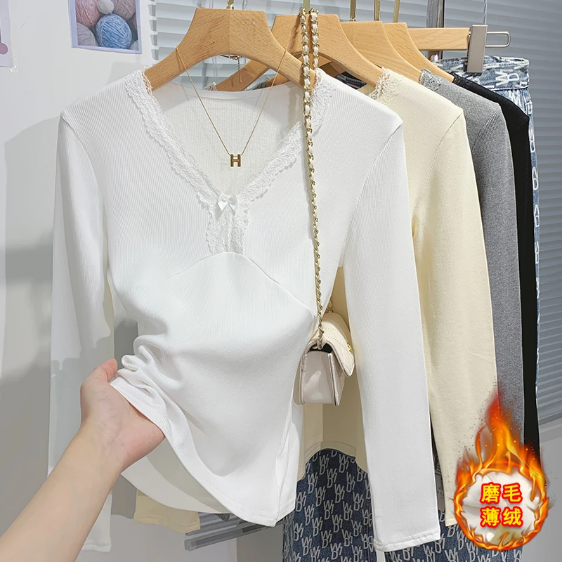 法式蕾丝衫V领长袖T恤女秋冬白色加绒保暖修身内搭洋气打底衫上衣