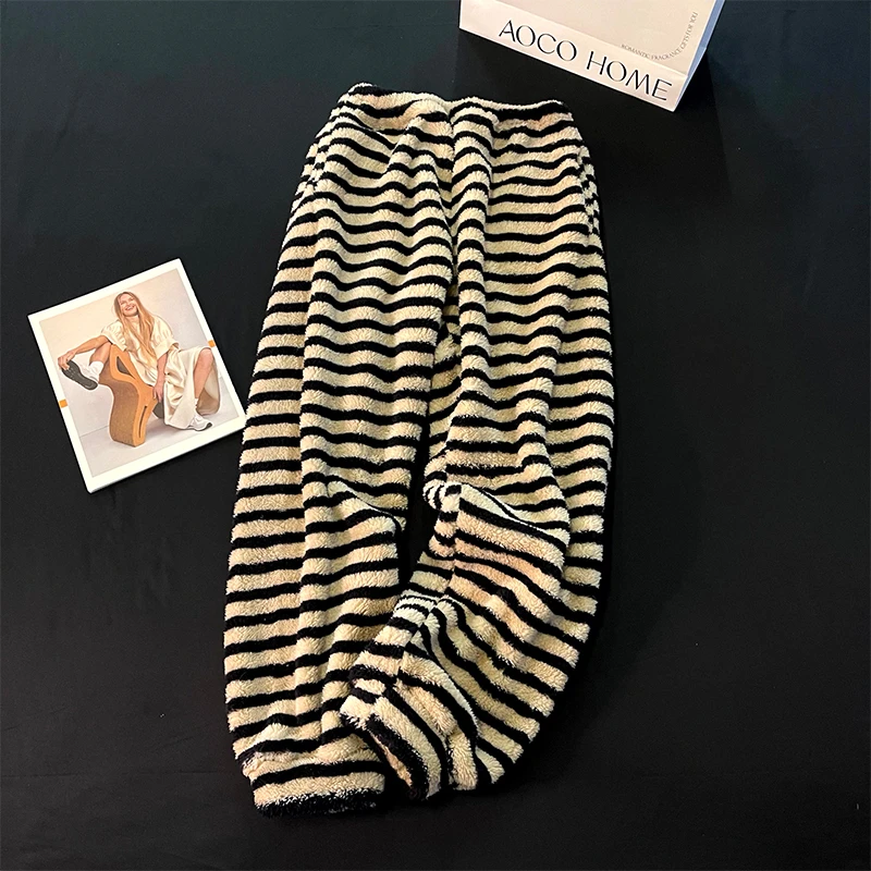珊瑚绒睡裤女秋冬季长裤加绒加厚暖暖裤条纹冬天家居裤可外穿睡衣