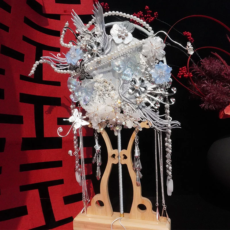 蓝色高级感重工中式婚礼团扇新娘结婚成品手工diy材料包秀禾喜扇