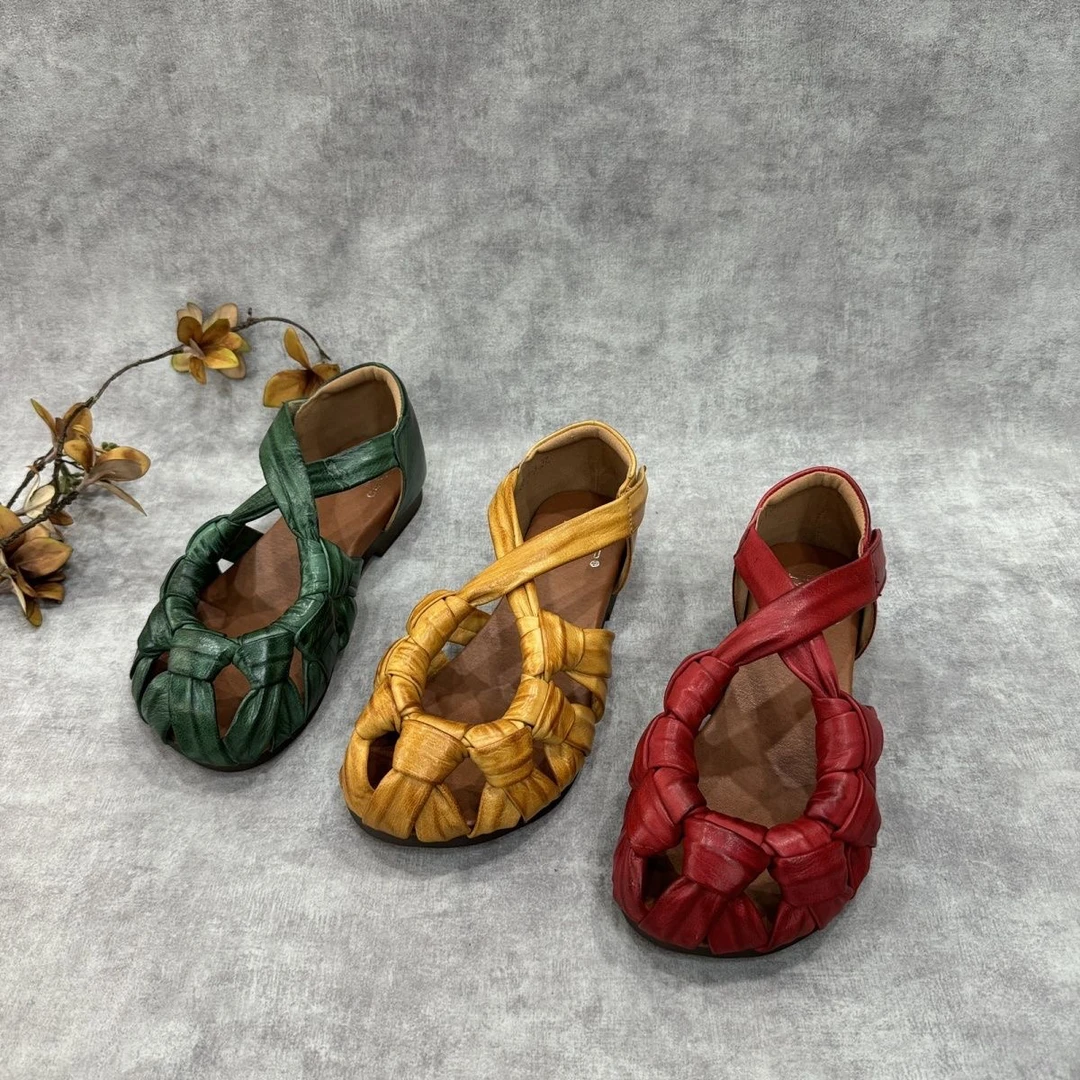 广州高端纯牛皮手工编织牛皮复古糖果猪笼包头平底百搭软底凉鞋