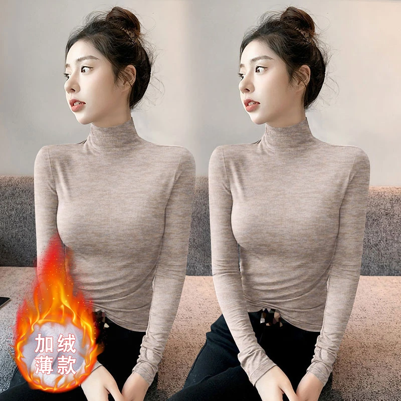 秋冬设计感小众修身加绒胖妹妹半高领长袖打底衫加绒洋气小衫T恤