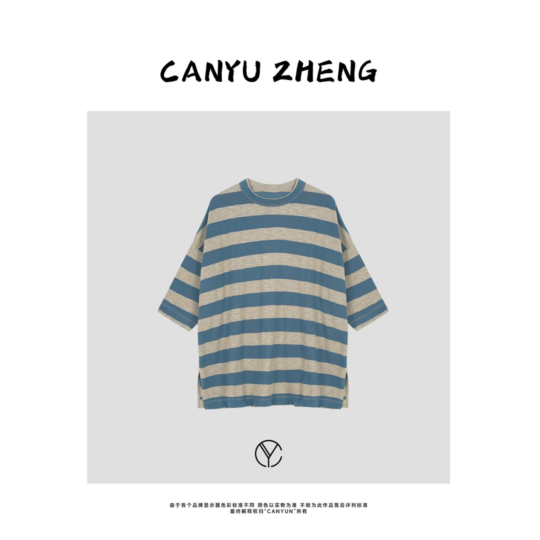 CANYU春夏 海军蓝条纹 宽松大版落肩袖 下开叉短袖圆领T恤