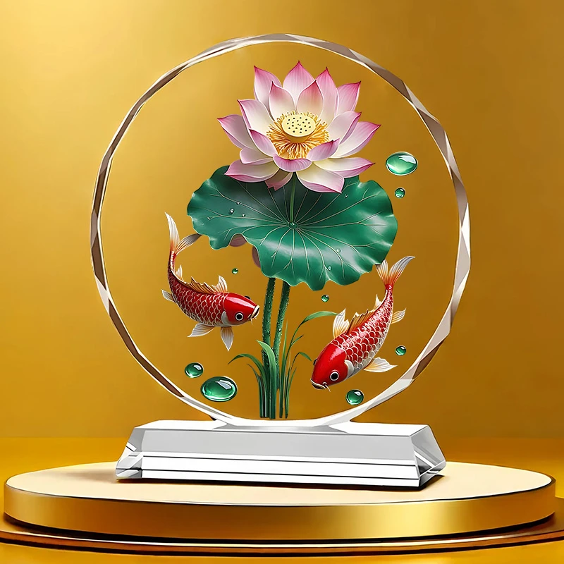 荷花锦鲤水晶桌面摆件装饰品生日礼物前台玄关客厅电视柜精美高档
