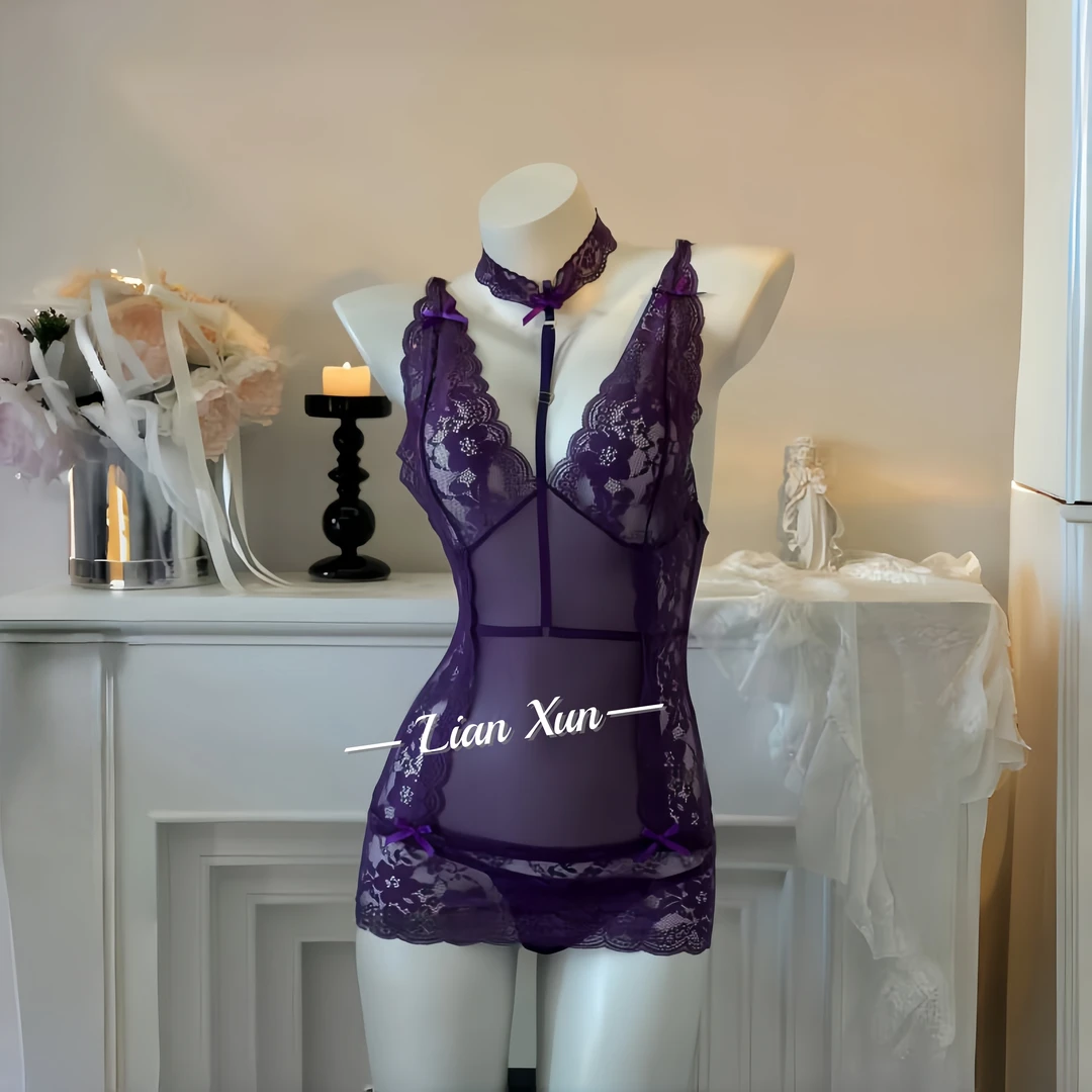 「LX」性感大码紫色蕾丝显瘦吊带睡裙纯欲战袍夏季薄款约会包臀睡衣