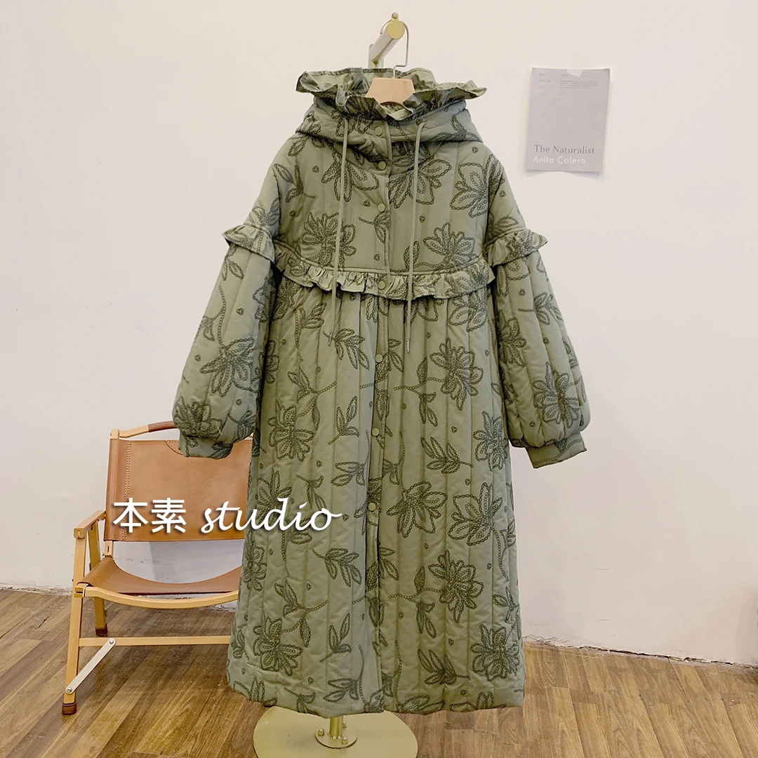 绿野仙踪C2961夹棉植绒印花荷叶边抽绳连帽长款棉衣