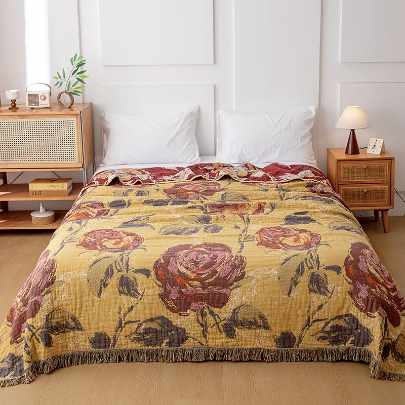 【黄玫瑰】230*250色织雨露麻A类提花流苏毯