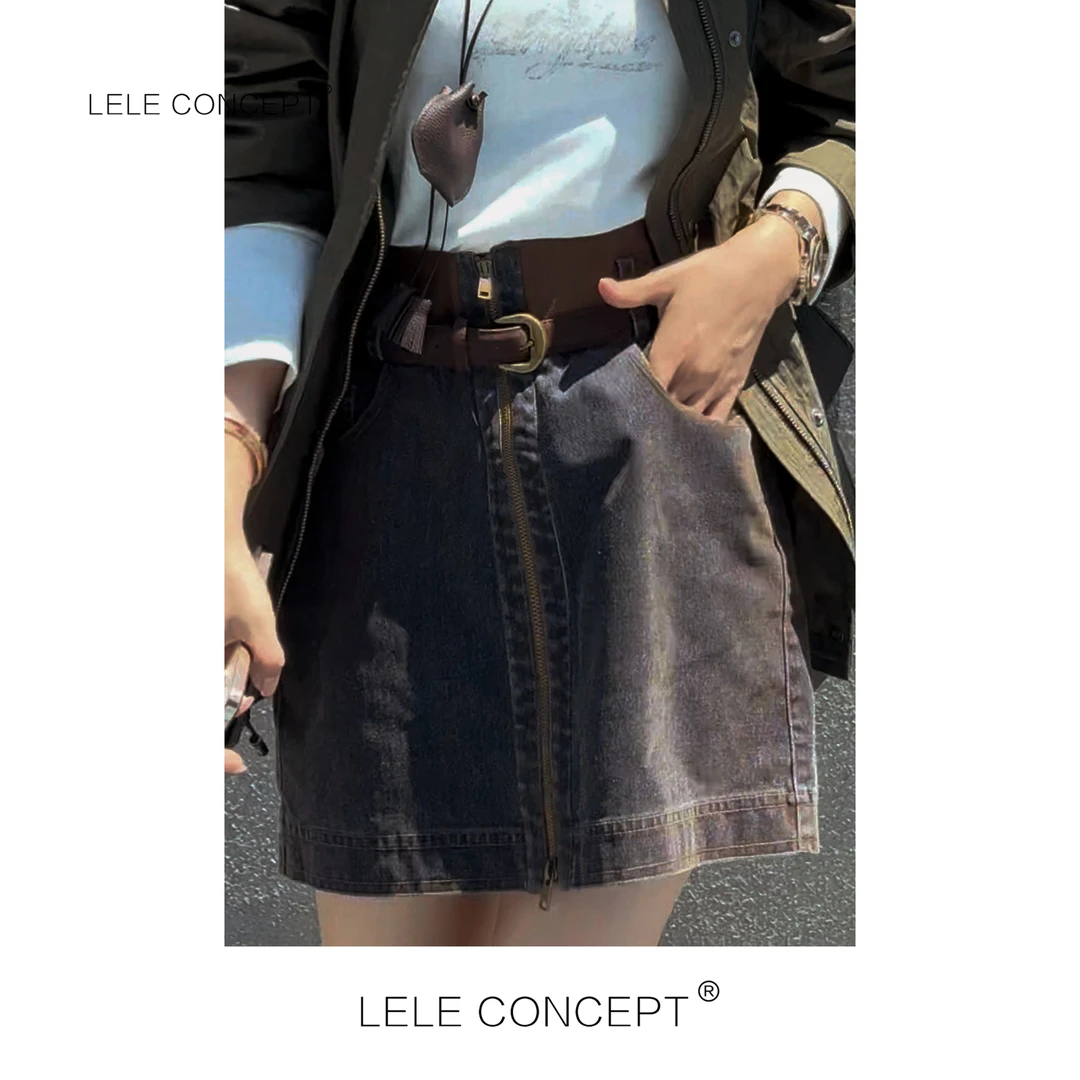 LELE CONCEPT丨「丽」时髦复古休闲风前拉链拼接牛仔半裙Q0690