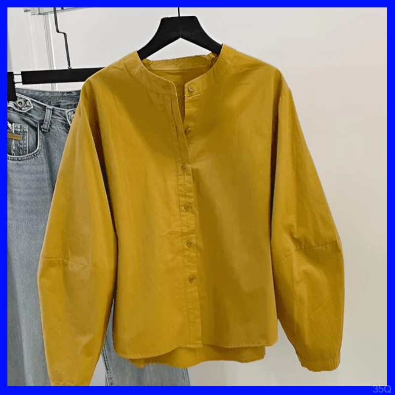 韩版休闲显瘦圆领纯棉高级感2025灯笼袖时尚复古衬衣白衬衫女宽松