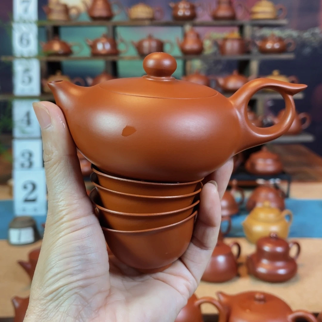 茶壶紫砂无*潮州手工手拉朱泥扁凤雏壶、茶杯