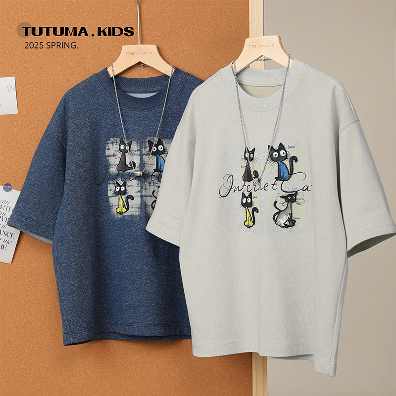 8211【简约不简单】男童圆领卡通休闲风短袖中大童潮牌上衣