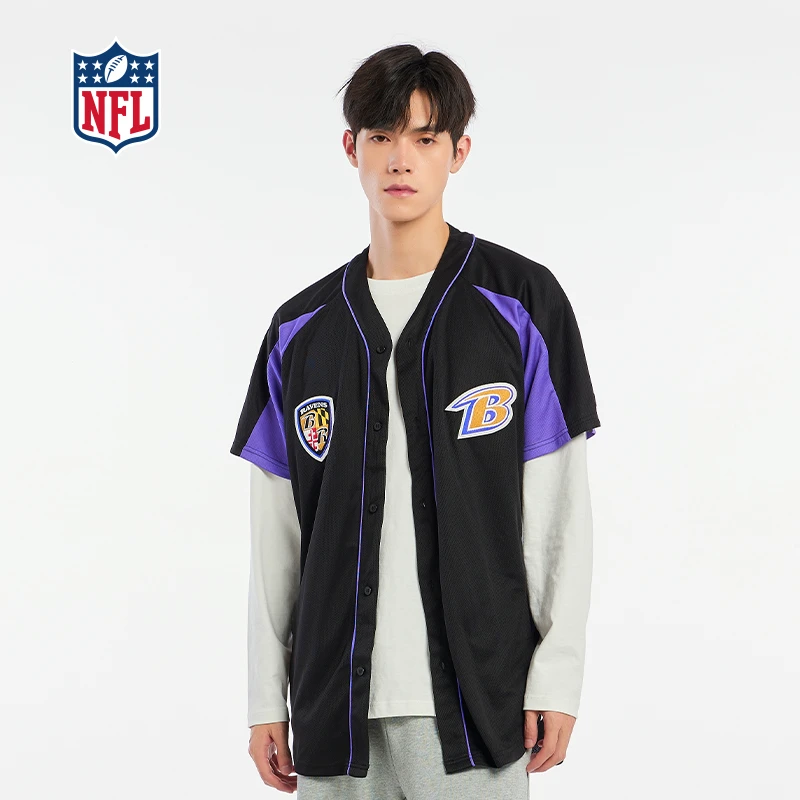 NFL超级碗乌鸦队美式运动棒球服立体刺绣开衫短袖T恤男女同款