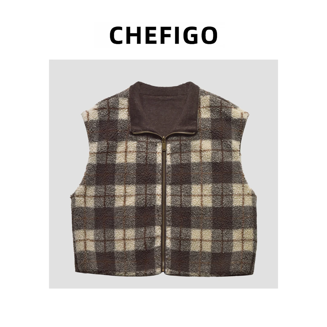 CHEFIGO双面穿羊羔绒立领格纹马甲
