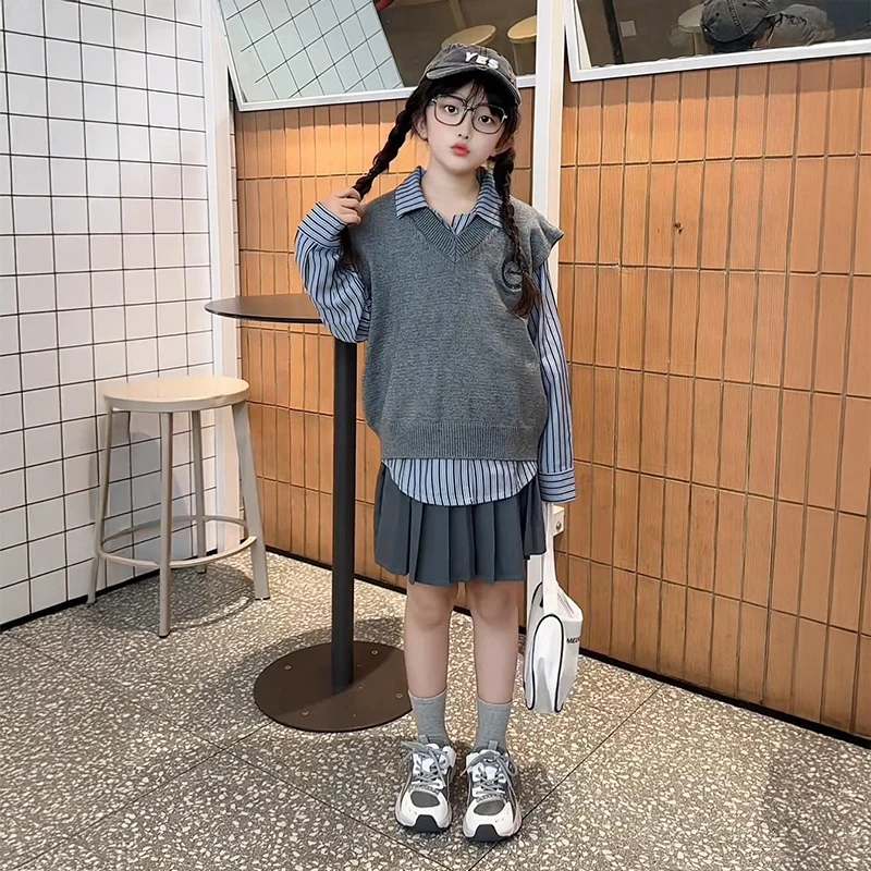 女童套装春秋款2025新款儿童洋气韩系学院风百褶裙套装女大童套装