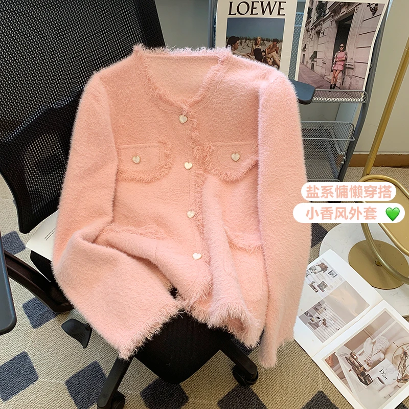 多巴胺小香风仿水貂绒外套女2025年秋冬新款流苏气质名媛开bm外套