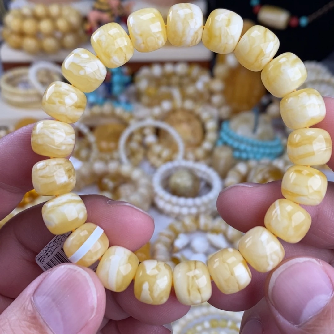 蜜蜡未镶嵌手链金瓷白细纹虎皮千层雪11.3mm