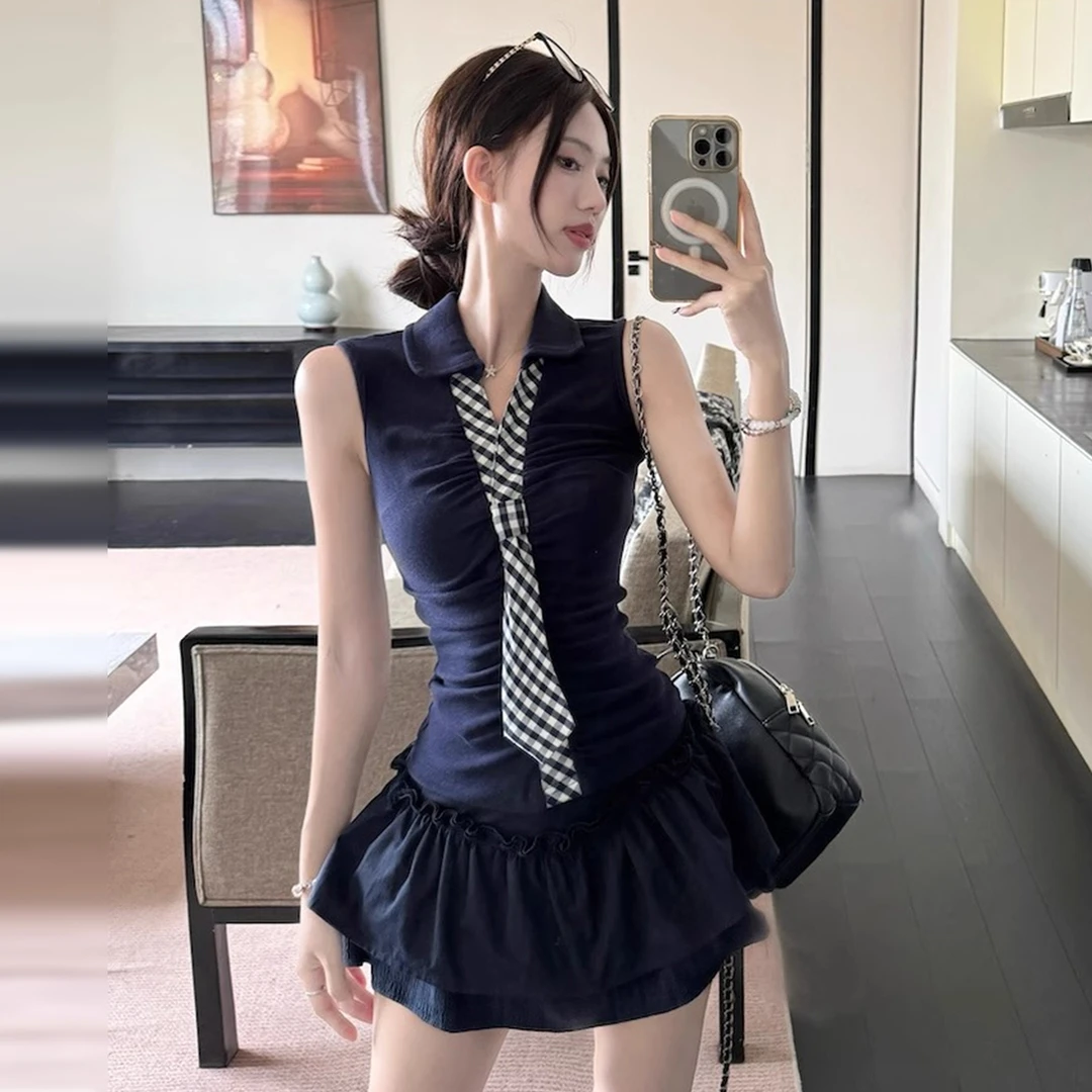 韩系学院风无袖背心连衣裙子女夏季2025年新款高级感穿搭两件套装
