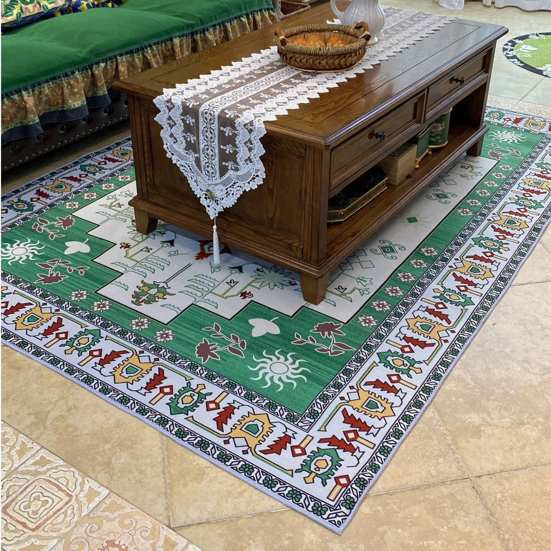 美式复古客厅地毯中古风绿色房间沙发茶几毯防水防污防滑地垫
