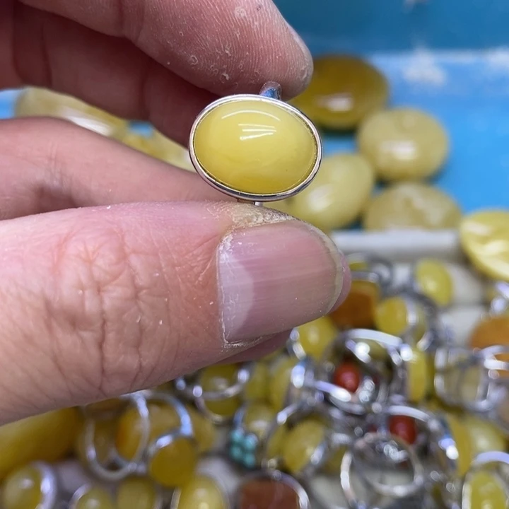 蜜蜡裸石银S925镶嵌戒指