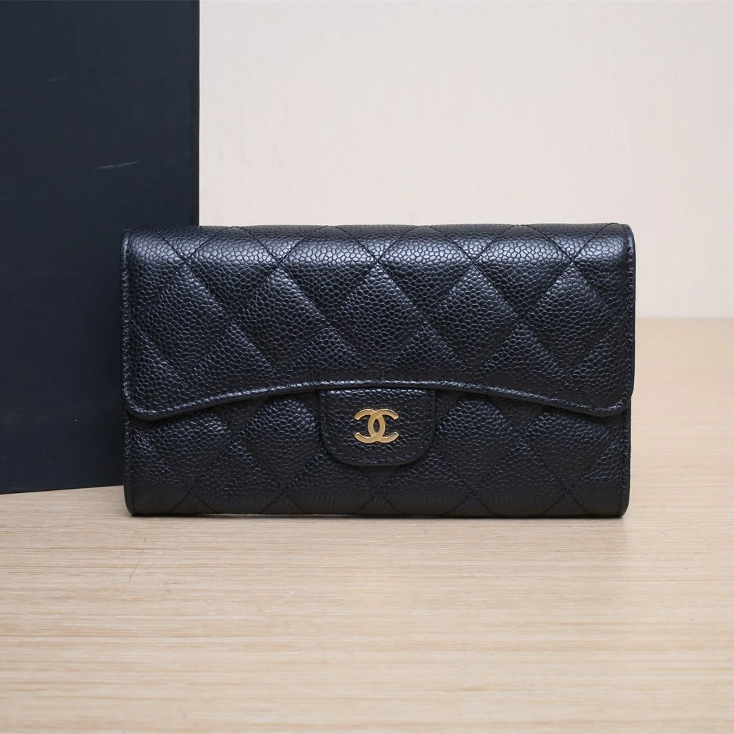 95新 Chanel/香奈儿 【黑黑】CF 长款三折口盖钱包 黑色 19开