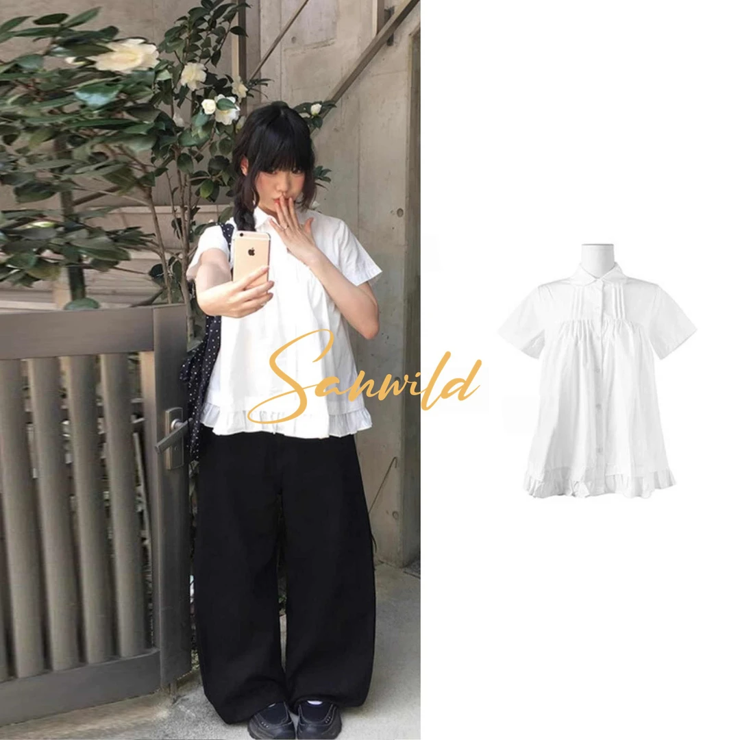 未野Good韩版新款拼接荷叶边衬衫女设计感小众独特超好看短袖上衣