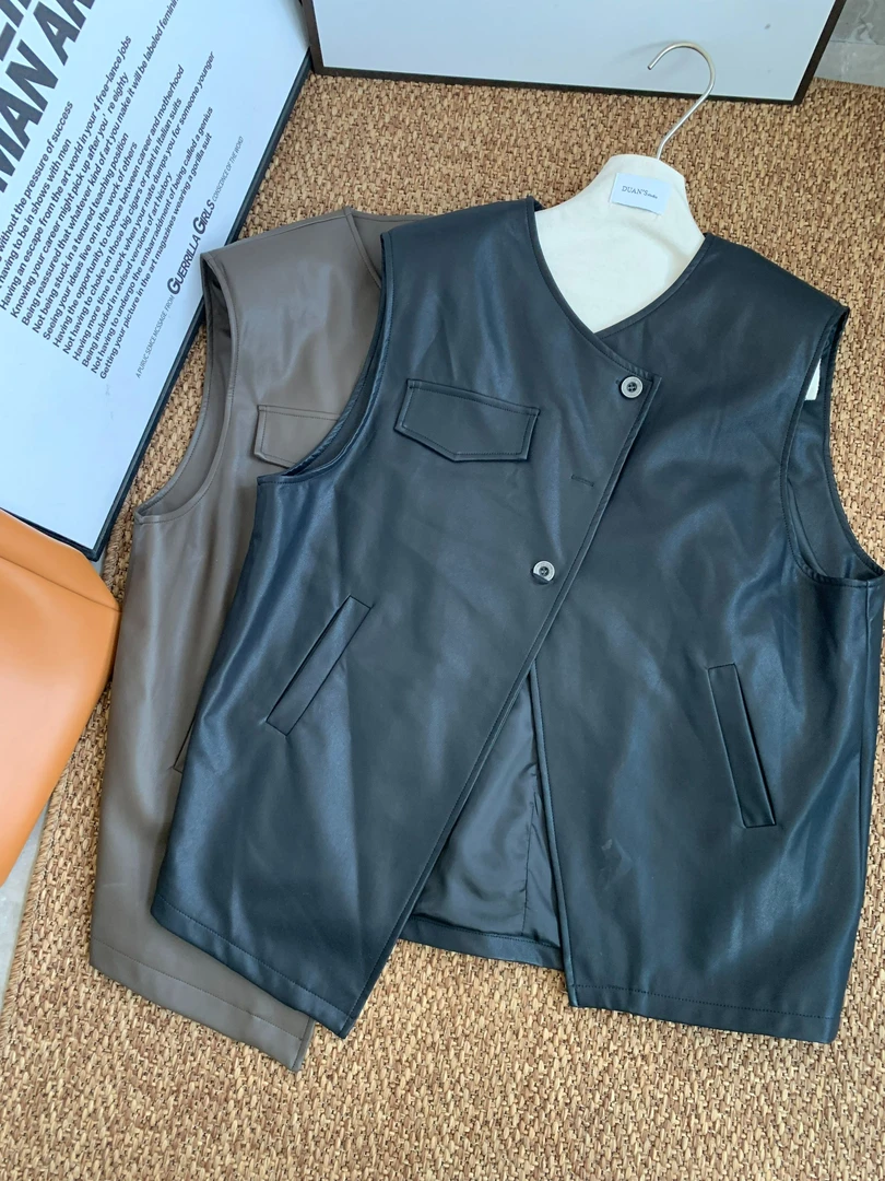 2025新品 YY Studio 早春时尚百搭休闲PU皮马甲坎肩