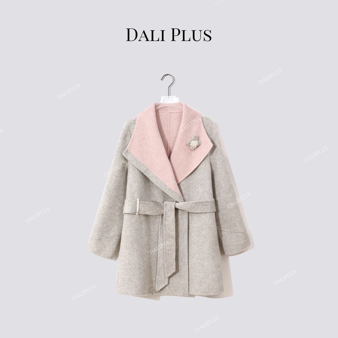 DALI PLUS骆马绒呢大衣”双面双色银灰粉系带收腰双面呢-D5CK2215