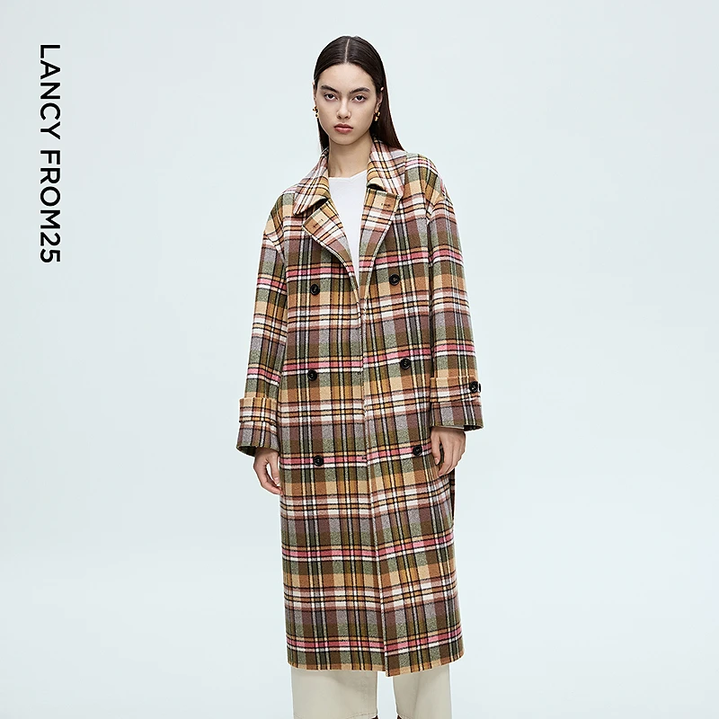 朗姿羊毛修身古着风毛呢外套格纹通勤风呢子大衣女2025年冬季新款