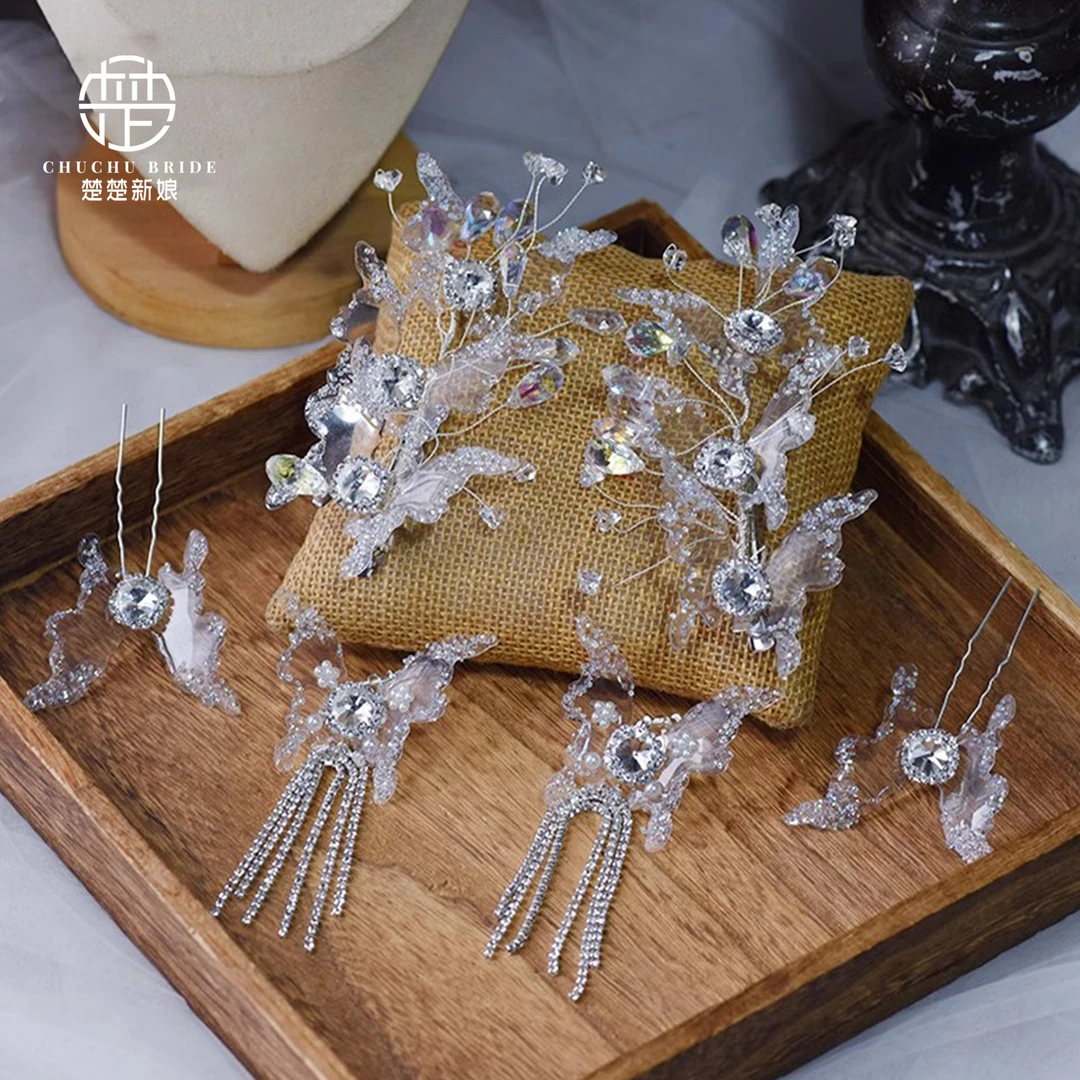 新款婚纱头饰简约精致边夹发钗耳环配饰西式礼服宴会披发造型饰品