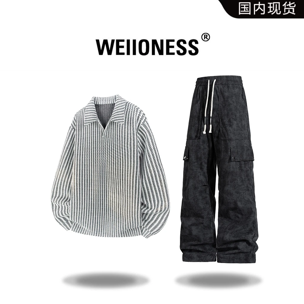 WEIIONESS美式街头风条纹卫衣套装男秋冬设计感上衣休闲裤两件套