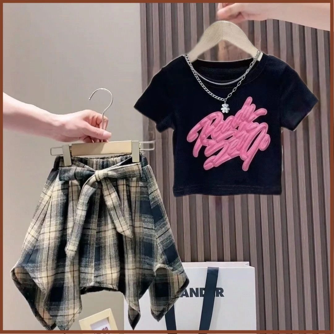 女童夏装套装2025新款女宝爆款短袖T恤儿童夏款半身裙炸街两件套