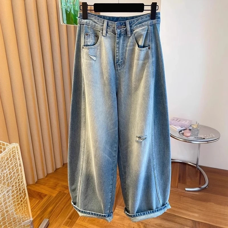 破洞弯刀阔腿牛仔裤女2025新款洋气宽松高腰显瘦韩版休闲镰刀裤女