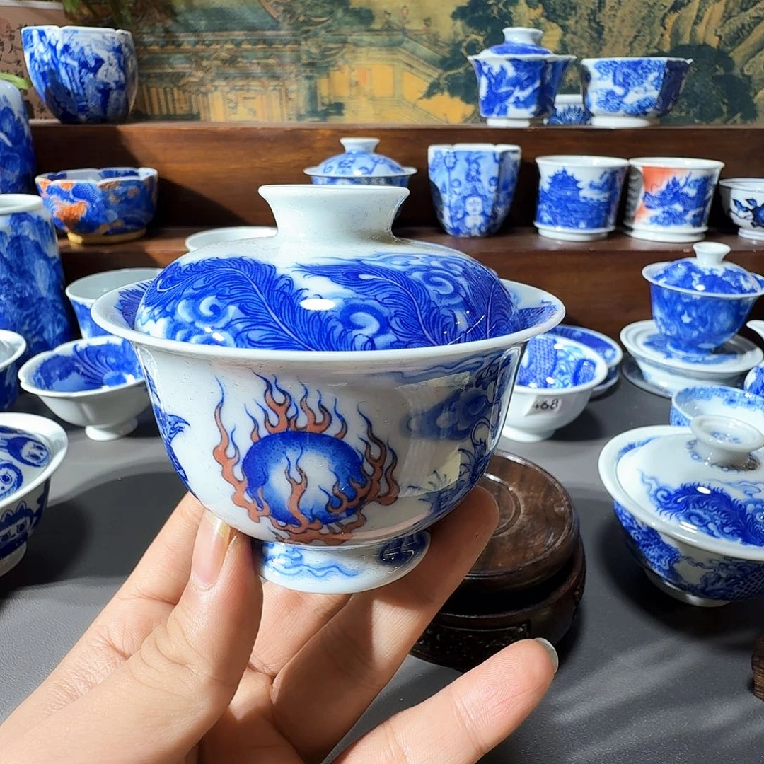 吕***候泥塑盖碗手工手绘