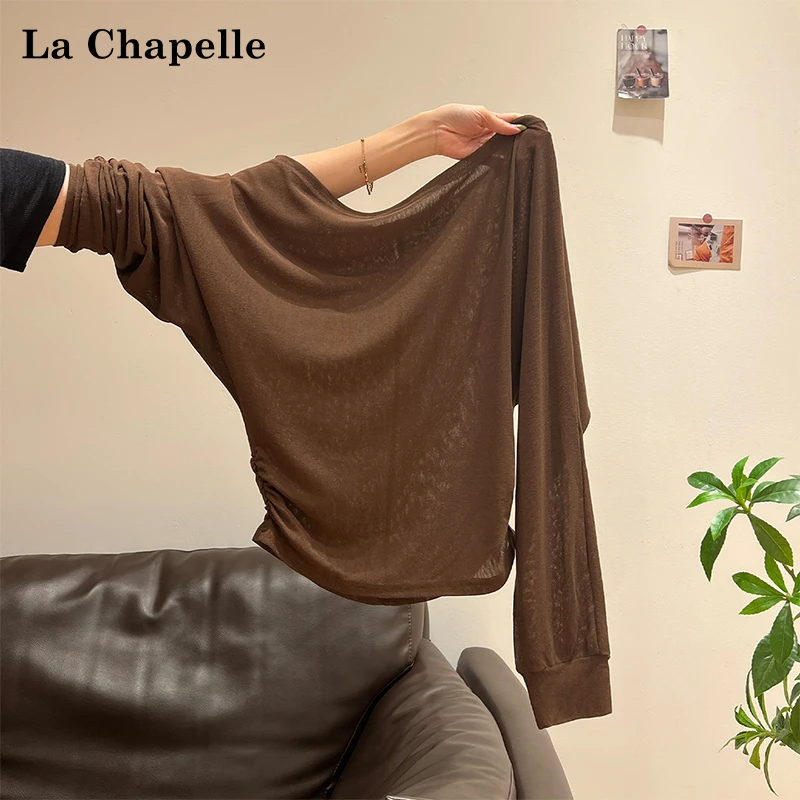 拉夏贝尔一字肩长袖T恤女早秋辣妹挂脖吊带2025新款休闲简约上衣