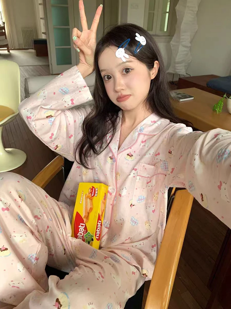 韩版粉色甜美可爱KT猫睡衣女春秋季2025新款透气云朵綿长袖家居服
