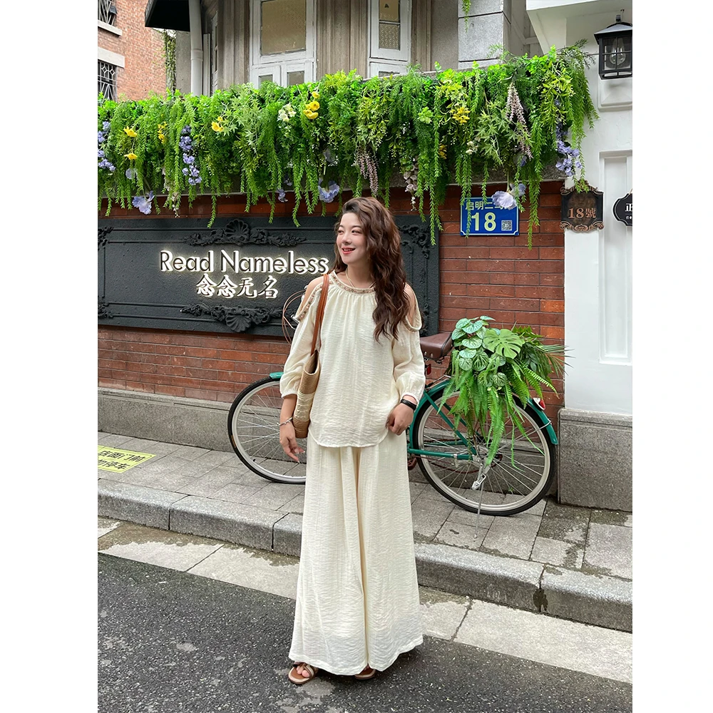 WenWen小个子韩版休闲宽松露肩花边上衣夏显瘦阔腿裤套装4011