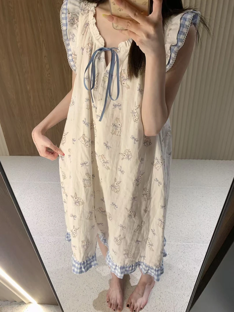 带胸垫少女甜美可爱卡通兔子公主风睡裙女夏季新款纯欲风宽松睡裙