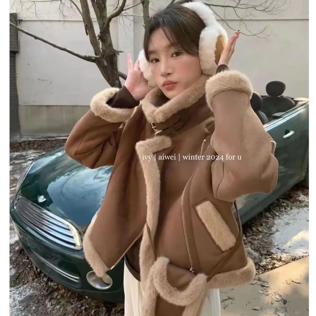 仿麂皮绒机车服外套女2024冬季新款韩系休闲显瘦加厚立领短款夹克