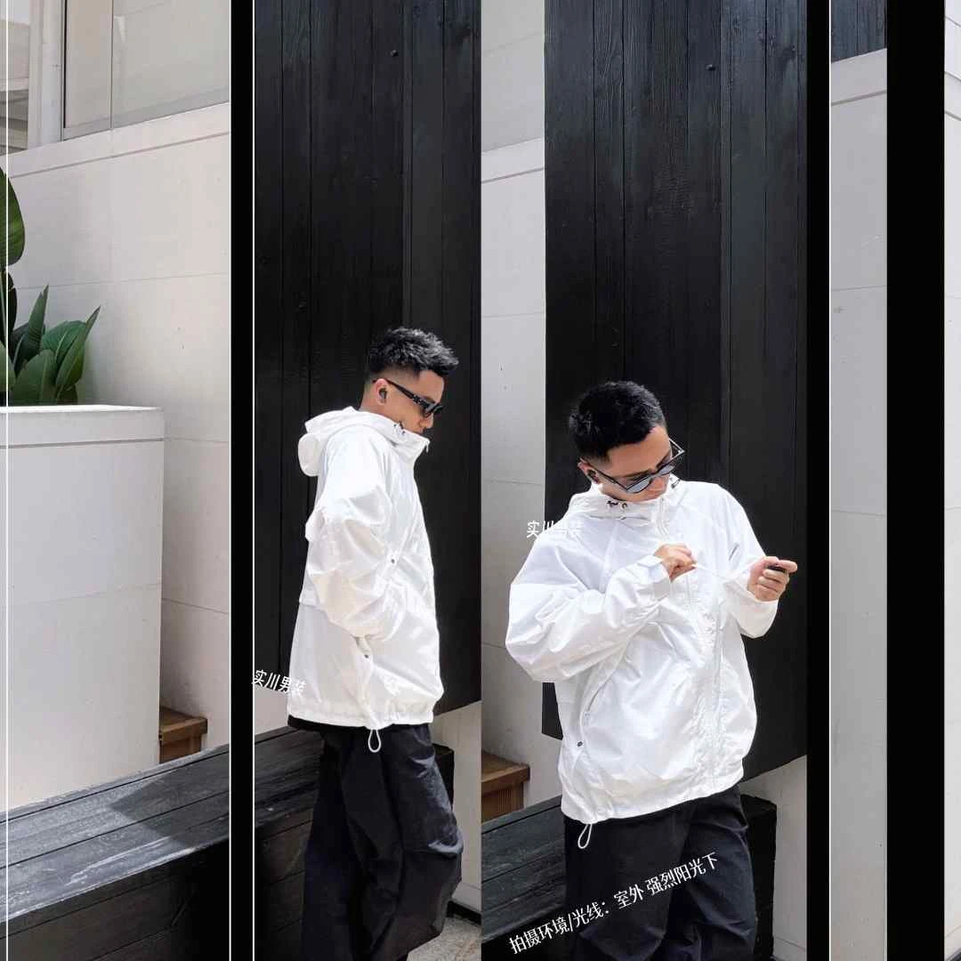 春夏·男纯白外套百搭轻便防晒防水透气网面内衬抽绳口袋cleanfit