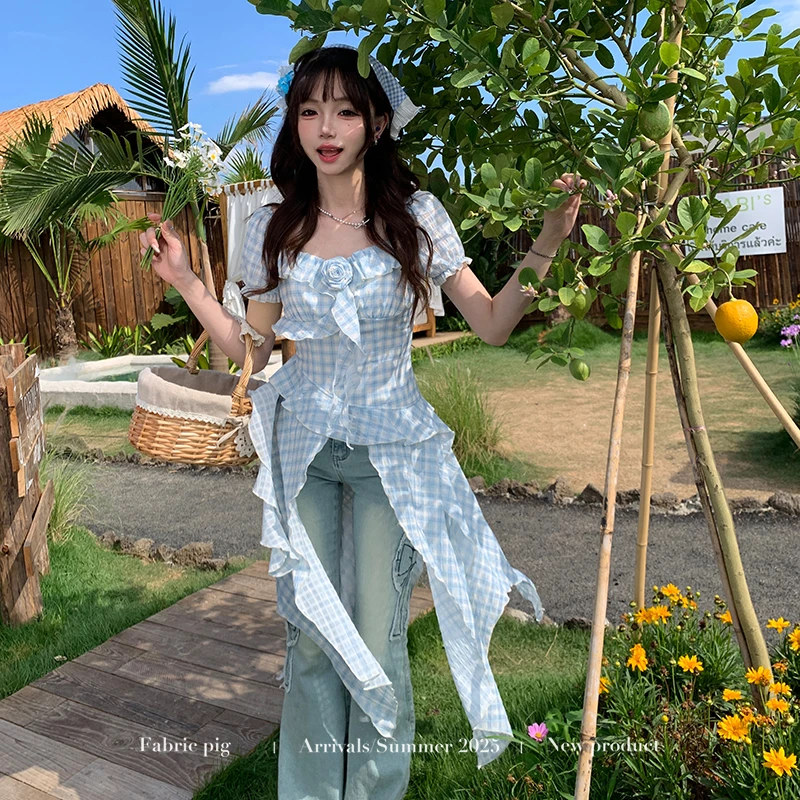 蝴蝶絮语 织物猪原则 蓝色开叉格纹连衣裙女夏日高腰显瘦牛仔裤