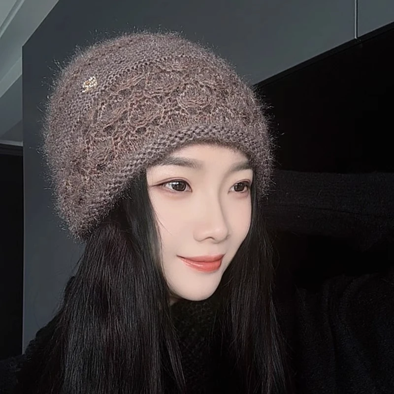 秋冬钩花手工双层毛线帽冬季针织头帽保暖松鼠绒镂空时尚女士帽子