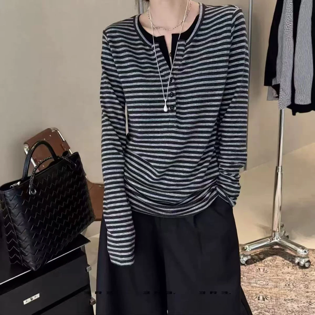 【3R3】半开领假两件条纹衫