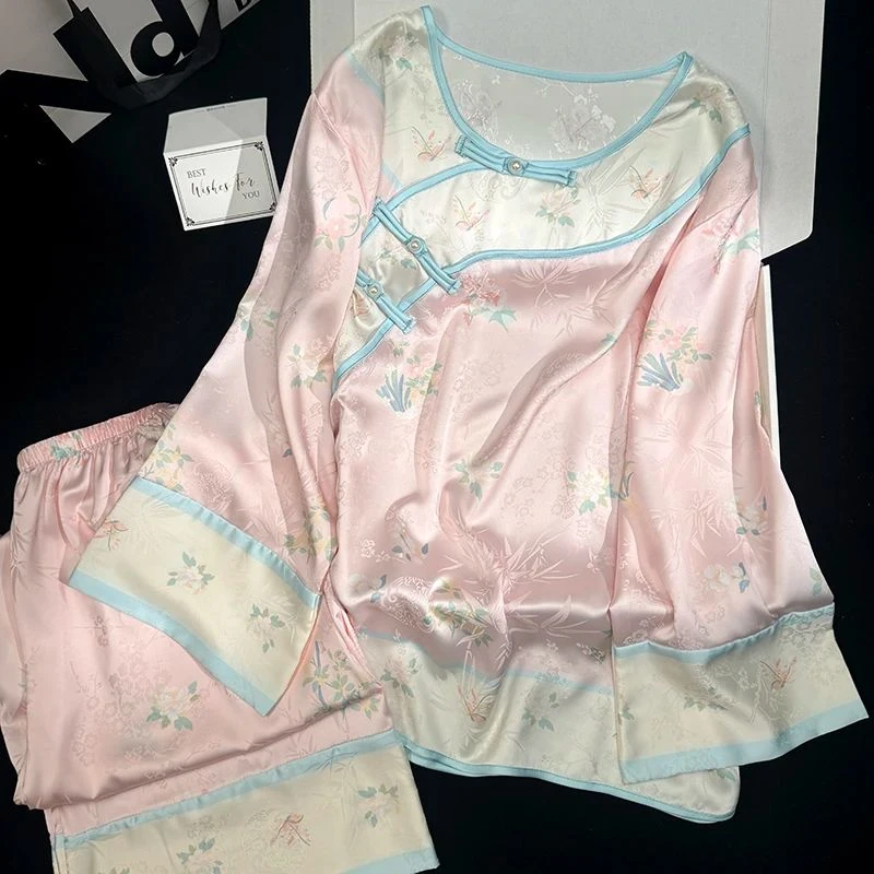 清汉女新中式古装民国风睡衣冰丝长袖春秋款宫廷风家居服套装夏季