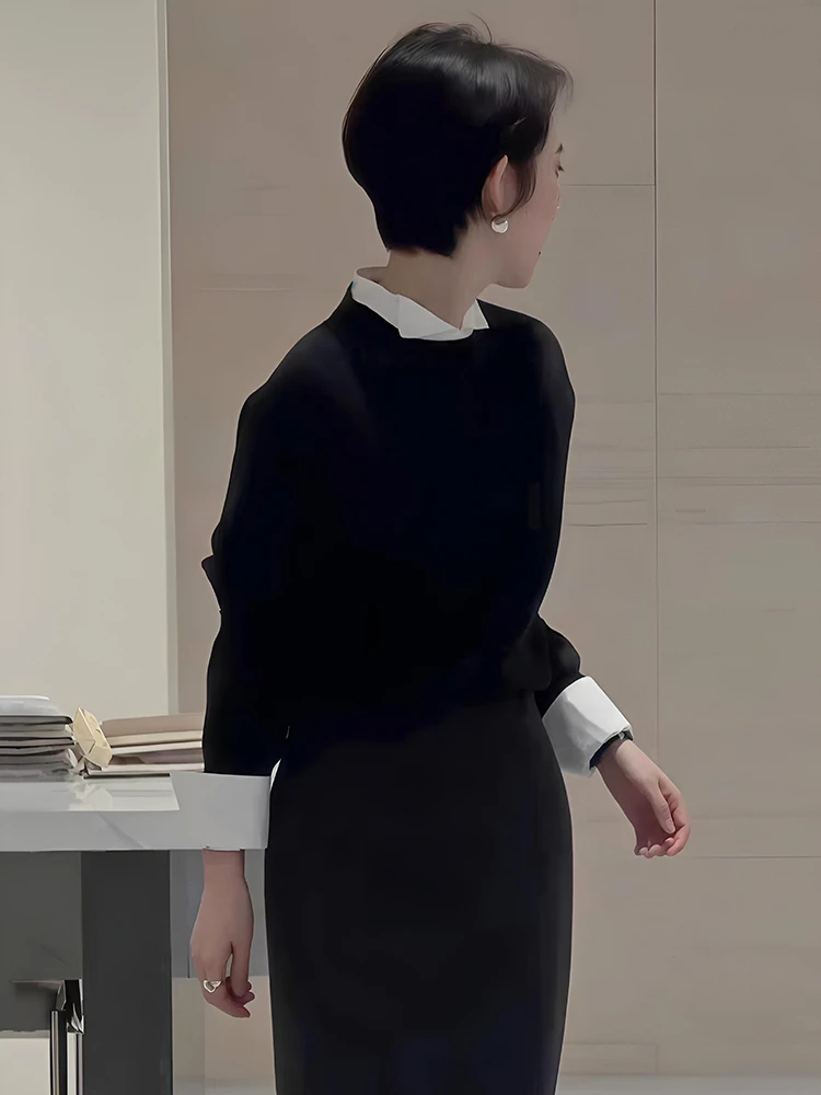 韩系白色翻领衬衫+软糯针织毛衣女2025冬季新款休闲叠穿长袖上衣