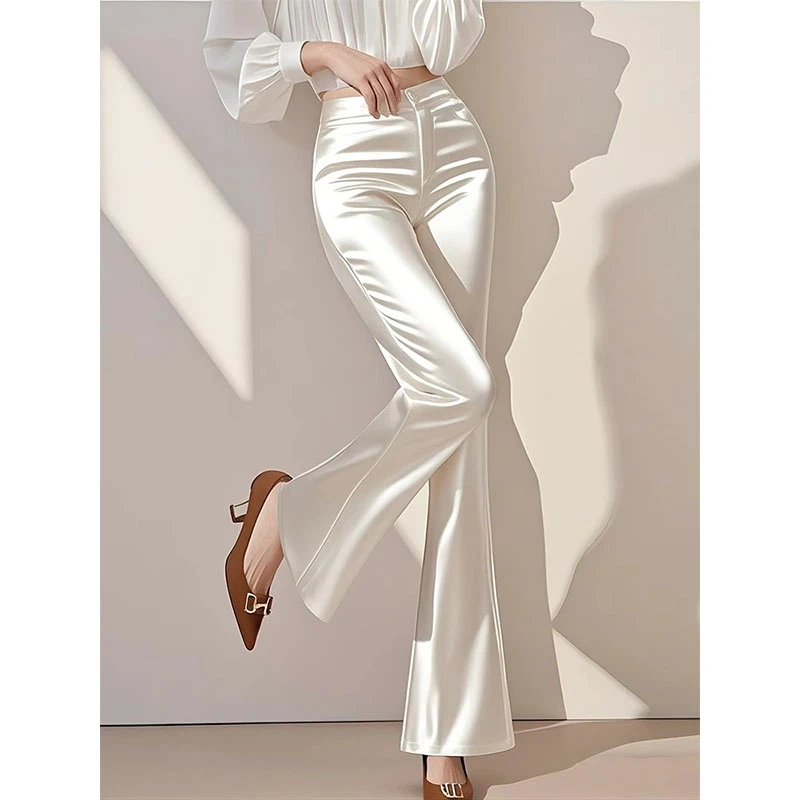 今年爆款白色缎面窄版微喇裤女2025超火高腰垂感休闲直筒裤凉凉裤